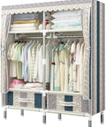 Portable Hanging Closet Wardrobe Freestanding Storage Organizer With Seriously Solid Steel Pipe Construction And Easy Quick Snap Assembly Fabric Clothes Shoe Cabinet showcasing organized clothes and storage drawers.