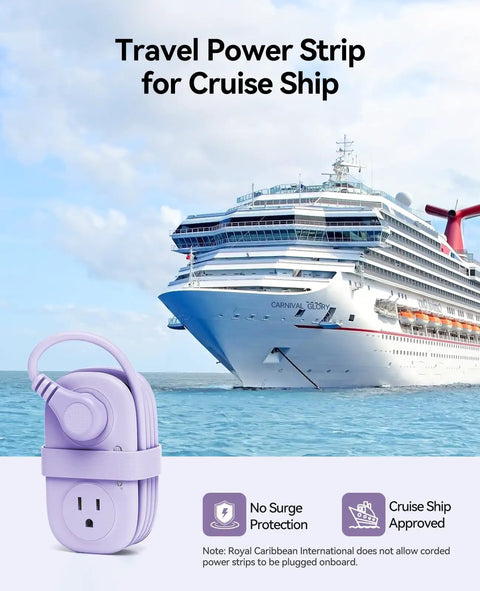 Travel Ready Cruise Approved Power Strip With Four Foot Extension Cord next to a cruise ship, ideal for charging on-the-go.