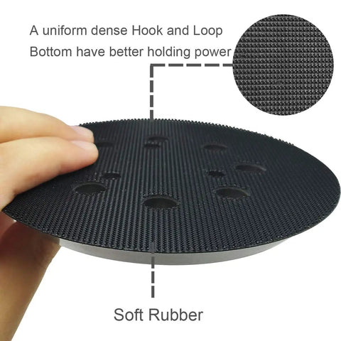 Close-up of 5 Inch 8 Hole Hook And Loop Sander Pad Replacement For Orbital Sanders With Dust Collection Screw On Install