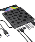 8 In 1 External CD DVD Drive For Laptop With USB 3.0 And USB C Portable CD Player And DVD Burner External Disc Drive For PC Mac Windows Built In USB Hub Plus SD And TF Card Reader Plug And Play Travel Ready, black