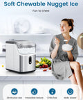 Woman enjoying ice beside Nugget Ice Maker Countertop Portable Chewable Pellet Ice Machine With Auto Cleaning Function 34 Lbs Per 24 Hours Durable Stainless Steel Body For Kitchen Office And Home Use Silver