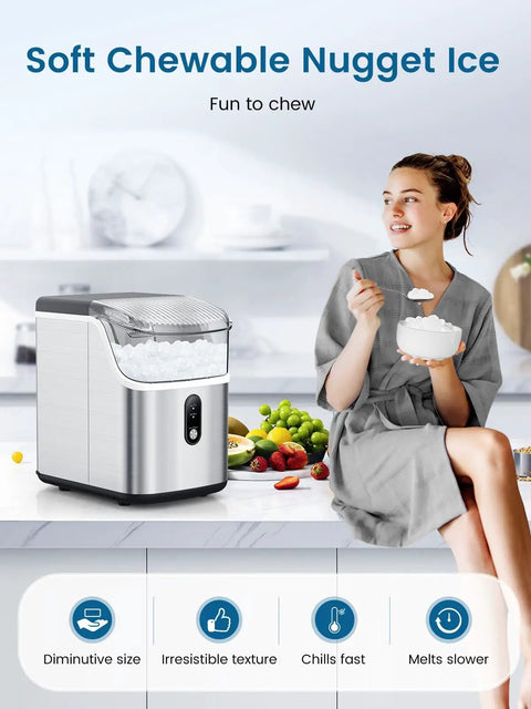 Woman enjoying ice beside Nugget Ice Maker Countertop Portable Chewable Pellet Ice Machine With Auto Cleaning Function 34 Lbs Per 24 Hours Durable Stainless Steel Body For Kitchen Office And Home Use Silver