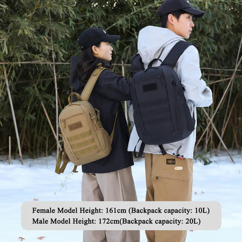 People wearing backpacks, one brown 10L and one black, standing outdoors. Compact 10L Tactical Daypack With MOLLE System visible.