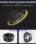 DIY Friendly 50 Pack Black Snap-In Bushing Grommets for Wiring and Tubing with elastic snap and split design features.
