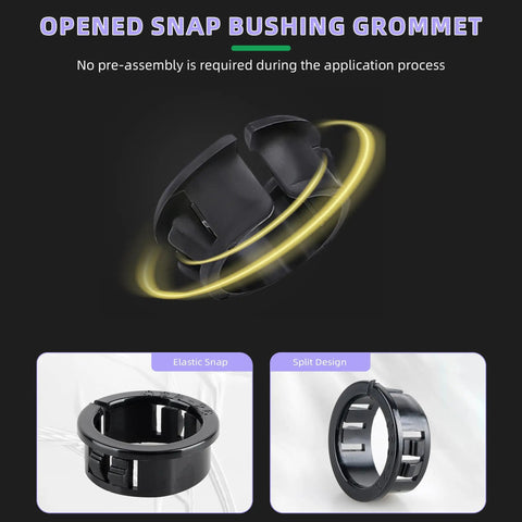 DIY Friendly 50 Pack Black Snap-In Bushing Grommets for Wiring and Tubing with elastic snap and split design features.