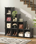 12 Cube Modular Closet Organizer with Rubber Mallet No Fuss Assembly, black metal and ABS, holding clothes and shoes under stairs