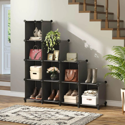 12 Cube Modular Closet Organizer with Rubber Mallet No Fuss Assembly, black metal and ABS, holding clothes and shoes under stairs