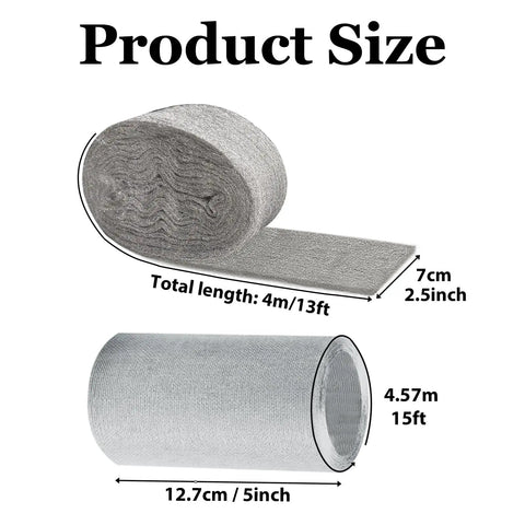 Mice Proofing Kit No Fuss With Steel Wool 0000 And Stainless Mesh, includes 2.5-inch steel wool and 5-inch mesh rolls, product size image.