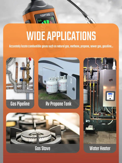 Straightup Solid Natural Gas Detector Featuring 17 Inch Flexible Gooseneck Probe shown in applications for gas pipeline, RV tank, stove, and water heater.