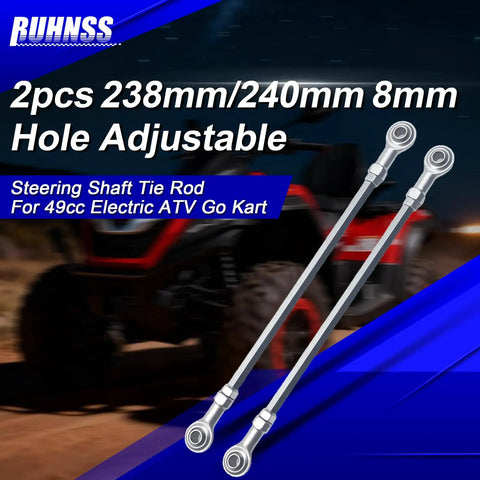 Adjustable Steering Tie Rods Set Of 2 238mm 240mm Lengths With 8mm Hole For 49cc Go Karts And Electric ATVs Built Beefy From Rust Resistant Metal For Easy Fit And Long Lasting Performance.