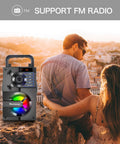 Outdoor Party Ready Portable Bluetooth Speaker With Subwoofer And Deep Bass, LED lights and FM Radio, scenic background