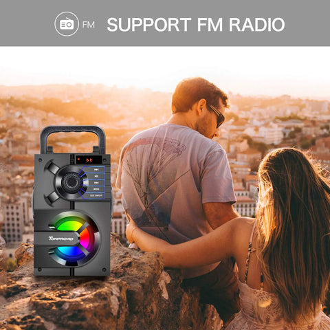 Outdoor Party Ready Portable Bluetooth Speaker With Subwoofer And Deep Bass, LED lights and FM Radio, scenic background