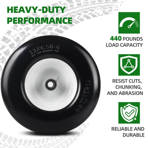 2-Pack 13x6.50-6 Flat Free Tire And Wheel For Riding Lawn Mowers Universal 13x6.5-6 Solid Rubber Tire with side view
