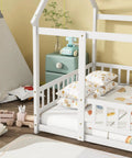 Floor Bed With Roof Frame And Safety Guardrails In White Rubber Wood for playful kids rooms, showing corner bed design.