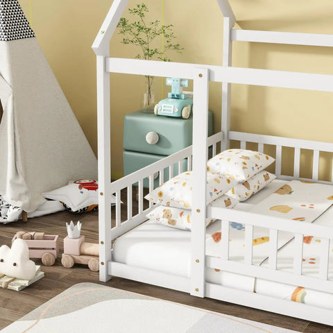 Floor Bed With Roof Frame And Safety Guardrails In White Rubber Wood for playful kids rooms, showing corner bed design.