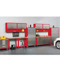 Ultra HD Heavy Duty Rolling Cabinet Workbench With Solid Wood Top 11 Drawer Mobile Workshop Table For Garage Warehouse Or Office 77 Inch Wide 20 Inch Deep 37.5 Inch High Red Finish Industrial Steel Construction With Locking Wheels in garage setting