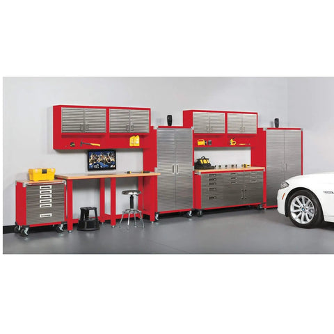 Ultra HD Heavy Duty Rolling Cabinet Workbench With Solid Wood Top 11 Drawer Mobile Workshop Table For Garage Warehouse Or Office 77 Inch Wide 20 Inch Deep 37.5 Inch High Red Finish Industrial Steel Construction With Locking Wheels in garage setting