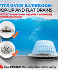 Hassle Free Shower Drain Hair Catcher For Tub And Sink Using Heavy Duty Mesh Strainer Design fitting over flat bathroom drain.