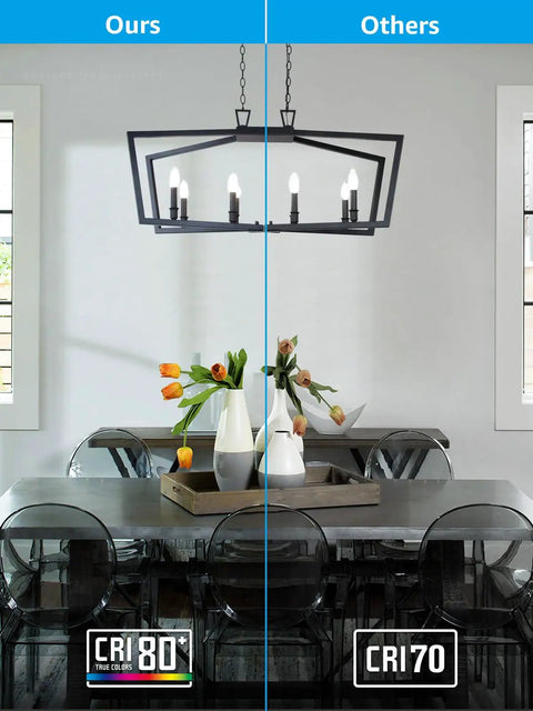 Comparison of lighting quality using dimmable LED filament candle bulbs over dining table, showing color rendering index differences.
