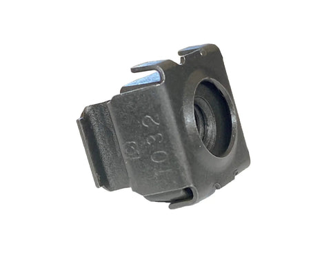 Built Like A Tank 10-32 Snap In Cage Nuts And Screws With Flat Washers 100 Count Pack black oxide cage nut side view.