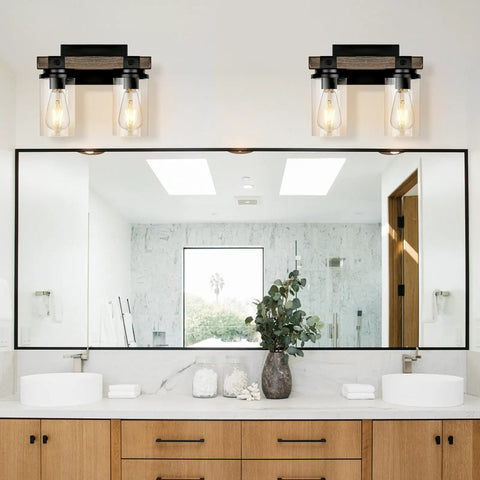 Farmhouse Wood Black Vanity Light Fixture Dope Two Light Rustic Wall Sconce With Clear Glass Shade Over Bathroom Mirror