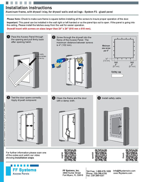 Installation instructions for Straight Up Solid Aluminum Access Panel 24 By 36 Inch with fixed hinge for drywall ceilings.