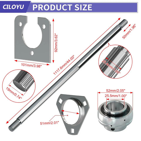 Heavy Duty Go Kart Live Axle Kit 44 Inch With 1 Inch Diameter, 3/4 Inch Step Down, shown with bearings and measurements