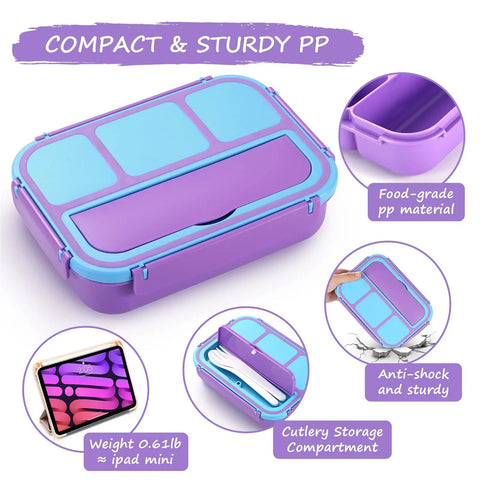 Colorful 4 Compartment Bento Lunch Box Set For Kids And Adults With 1200ml Capacity Includes Sauce Container Utensils Food Picks And Muffin Cups Purple Color Perfect For School Lunches Meal Prep And On The Go