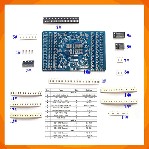 4 In 1 SMD SMT Soldering Practice Kit with electronic components and circuit board layout for beginners and hobbyists.