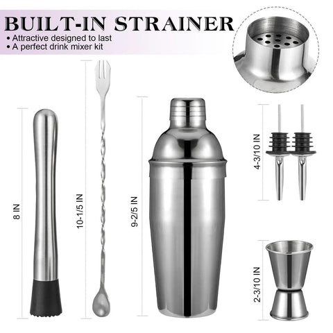 All In One 6 Piece Cocktail Shaker Set With 24 Oz Shaker Muddler Jigger Spoon And Pourers Pro Grade 18 8 Stainless Steel