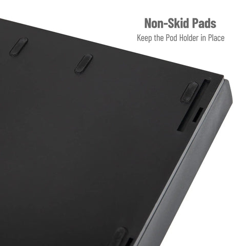 Close-up of non-skid pads on Pod Drawer Organizer For Single Serve Coffee Pods Holds 30 Pods In Five Fixed Rows With Two Inch Spacing Countertop Black 10.5 By 12.75 By 2.5 Inches Keeps Pods Neatly Organized For Quick Grab And Go Access