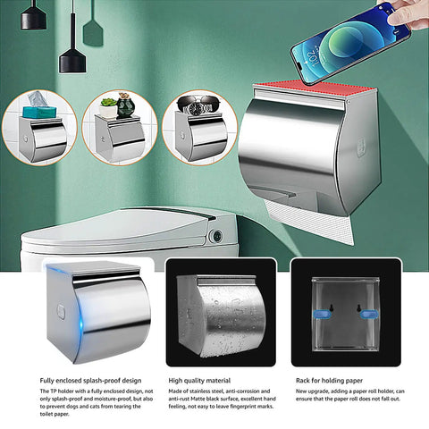 No Drill Stainless Steel Toilet Paper Holder With Shelf And Storage Box Waterproof SUS304 Cat And Dog Proof Self Adhesive Bathroom Organizer Holds Extra Rolls And Your Phone Black Finish shown with phone slot and tissue holder