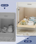 Before and after images of Soft Close Pull Out Cabinet Organizer 22.5 Inch Wide By 21 Inch Deep Wood Drawer Shelf for better kitchen space.