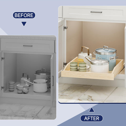 Before and after images of Soft Close Pull Out Cabinet Organizer 22.5 Inch Wide By 21 Inch Deep Wood Drawer Shelf for better kitchen space.
