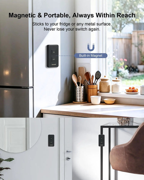 Outdoor Remote Control Outlet With Portable Magnetic Switch No WiFi Needed Plug In And Play Power Outlet With State Memory on fridge