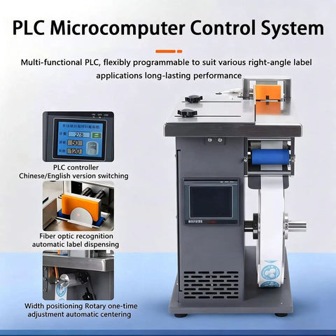 Heavy Duty Right Angle Labeler With Slick PLC Touch Screen And Hassle Free Width Adjustments For Snappy Cosmetic Food And Electronics Box Work That Runs Smooth On Two Point Five To Three Centimeter Rolls Daily with PLC control panel.