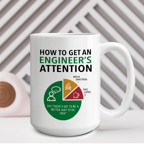 Funny Engineering Mug For The Engineer In Your Life How To Get Their Attention Coffee Cup with humorous text and pie chart, 15 oz ceramic.