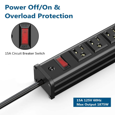 Close-up of Beefy 16 Outlet Metal Power Strip With 10ft Cord Wall Mountable Garage Shop Power Strip With Switch, showing circuit breaker