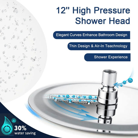 All Metal 12-Inch Rainfall Shower Head With 16-Inch Adjustable Brass Extension Arm Handheld Combo High-Pressure Shower Kit