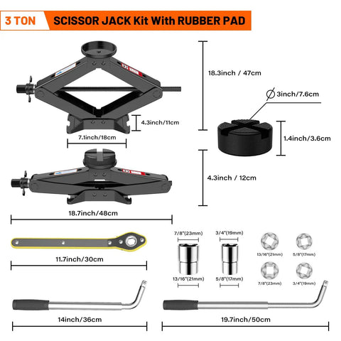 Diagram of Heavy Duty Scissor Jack Kit with rubber pad, lifting parts, lug wrench, and size details for car tire repair.
