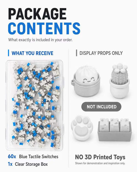 60 Piece Blue Keyboard Switches Clicky Tactile Clickers For 3D Printing Projects And Fidget Toys With Crisp Bangin Sound And Strong Feedback To Upgrade Your Setup, 60 blue tactile switches and clear storage box
