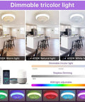 15 Inch Enclosed Bladeless Ceiling Fan with RGB Dimmable LED Light, 6 Speed Reversible Quiet Flush Mount Fan with Remote Control showing tricolor light settings.