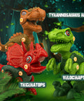 Take Apart Dinosaur Building Kit With Electric Drill For Kids Ages 3 4 5 6 7, STEM Construction Toys For Boys And Girls, DIY Hands On Dino Set Includes Tyrannosaurus Rex Triceratops Velociraptor, Realistic Textures And Educational Play displaying assembled realistic textured dinosaur toys, including Tyrannosaurus Rex, Triceratops, and Velociraptor, in a jungle setting.