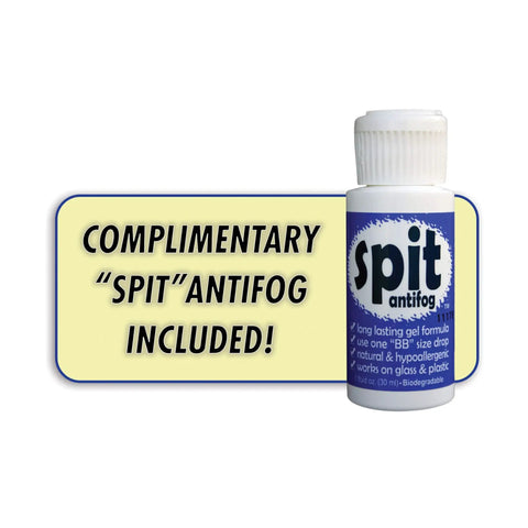 Complimentary Spit antifog bottle next to text sign