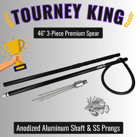 46 Inch Travel Ready Gigging Spear For Lionfish, Frog And Flounder With Heavy Duty 3 Piece Aluminum And Stainless Steel Construction And Replaceable 7 Inch Tip displayed with components.