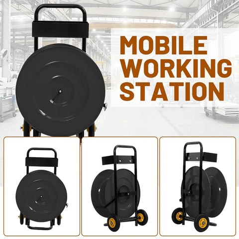 Heavy Duty Strapping Cart Dispenser With Wheels Portable Packaging Trolley Featuring Built In Tray For Poly Plastic And Steel Bands, back view with large drum.