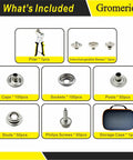 Image showing components of the Premium Snap Fastener Kit With Case 100 Sets Of 15mm Stainless Steel Snaps including plier, bases, caps, sockets, posts, studs, screws, and storage case.