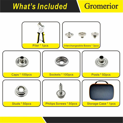Image showing components of the Premium Snap Fastener Kit With Case 100 Sets Of 15mm Stainless Steel Snaps including plier, bases, caps, sockets, posts, studs, screws, and storage case.