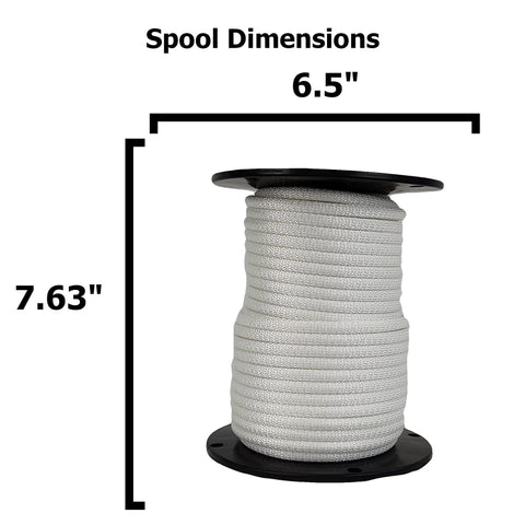 Flagpole Rope With Steel Wire Core 100 Ft Spool Five Sixteenth Inch Halyard, Solid Polyester Jacket on spool with dimensions