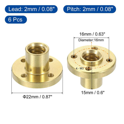 Top Shelf TR8x2 Lead Screw Brass Nuts, Bulletproof Trapezoidal Linear Guide Blocks With Silky Smooth Glide, Acme Thread Direct Swap For Weekend Tinkerers And DIY 3D Printers, No Fuss 6 Piece Hardware Bundle - close-up of brass nuts with dimensions.